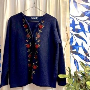 Women’s Tulchan Navy Blue 100% Wool Embroidered Floral Cardigan Sweater Size L